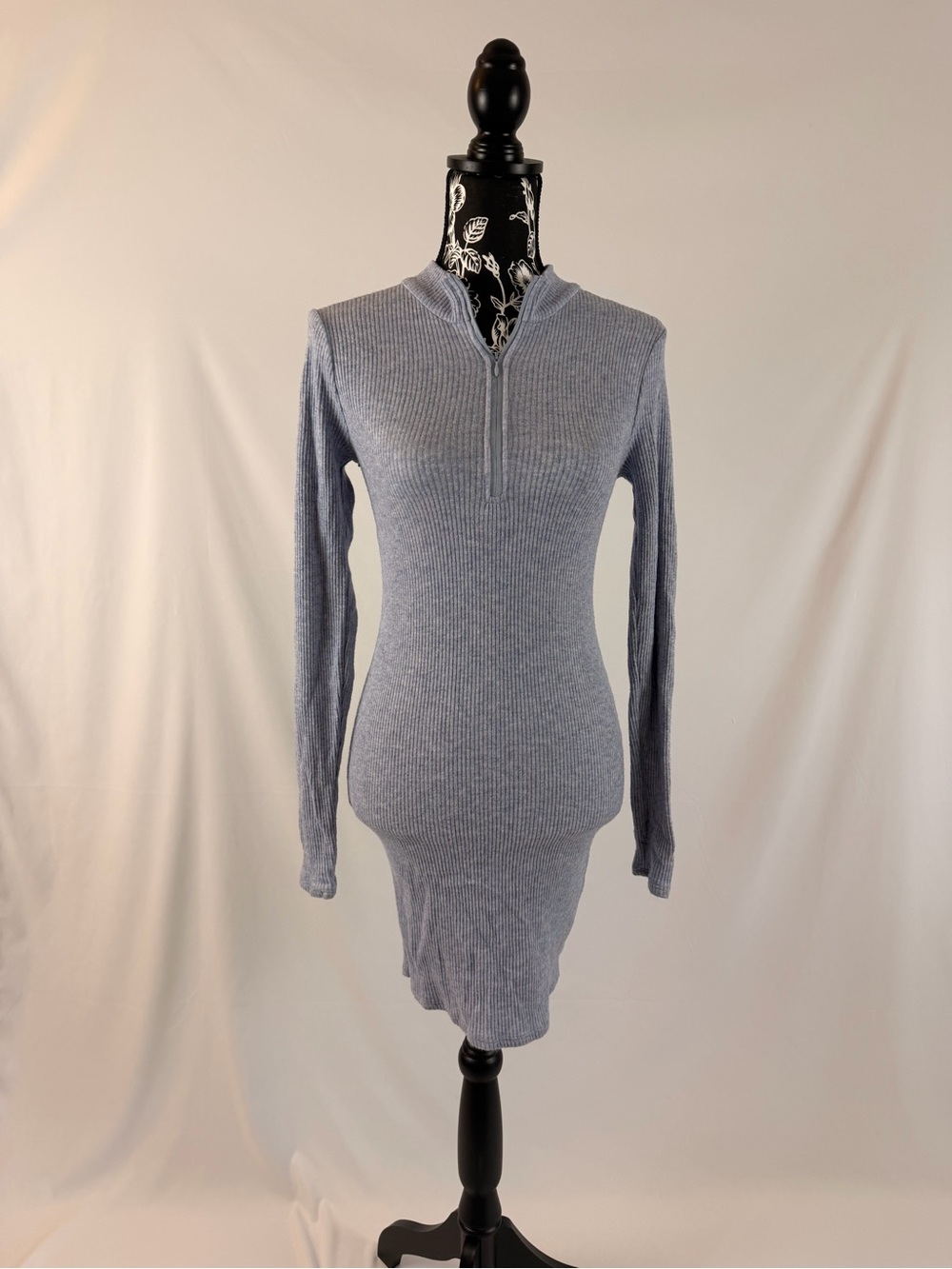 Ribbed Half-Zip Long Sleeve Dress in Light Blue
